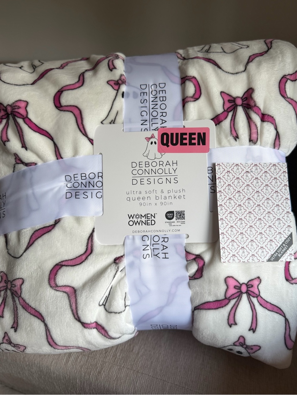 Deborah Connolly Pink ribbon bows Halloween Coquette girl Ghost Throw Blanket